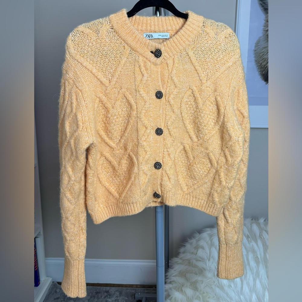 Zara Women's Orange peach Cable Knit Cardigan with Hearts and sparkle buttons